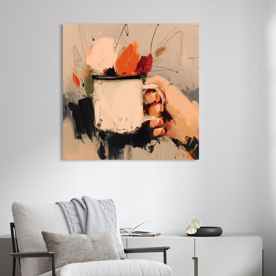 autumn-inspired wall art with hand holding mug and warm abstract brushstrokes