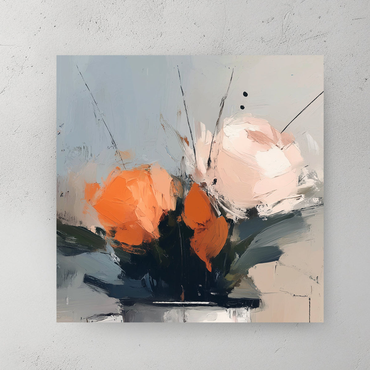 wall art featuring abstract orange and peach flowers in a muted vase arrangement