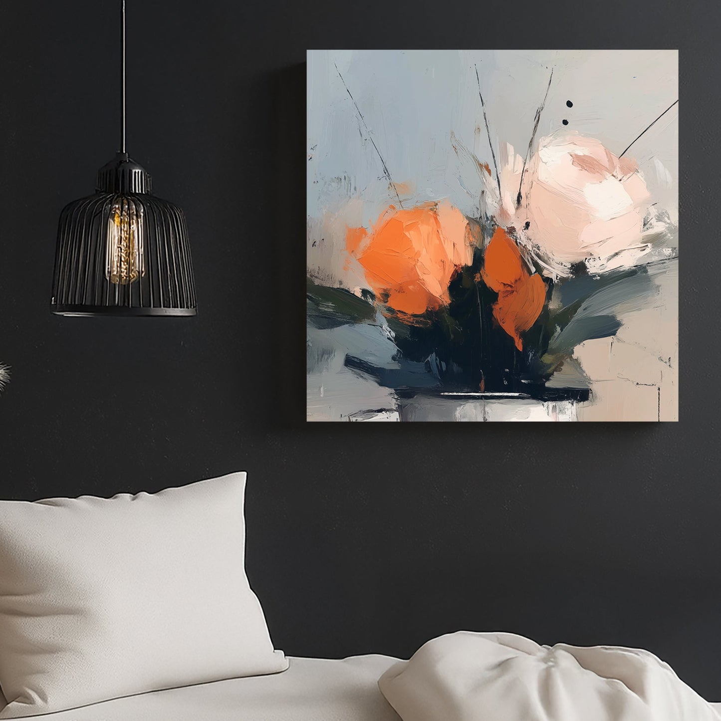wall art featuring abstract orange and peach flowers in a muted vase arrangement