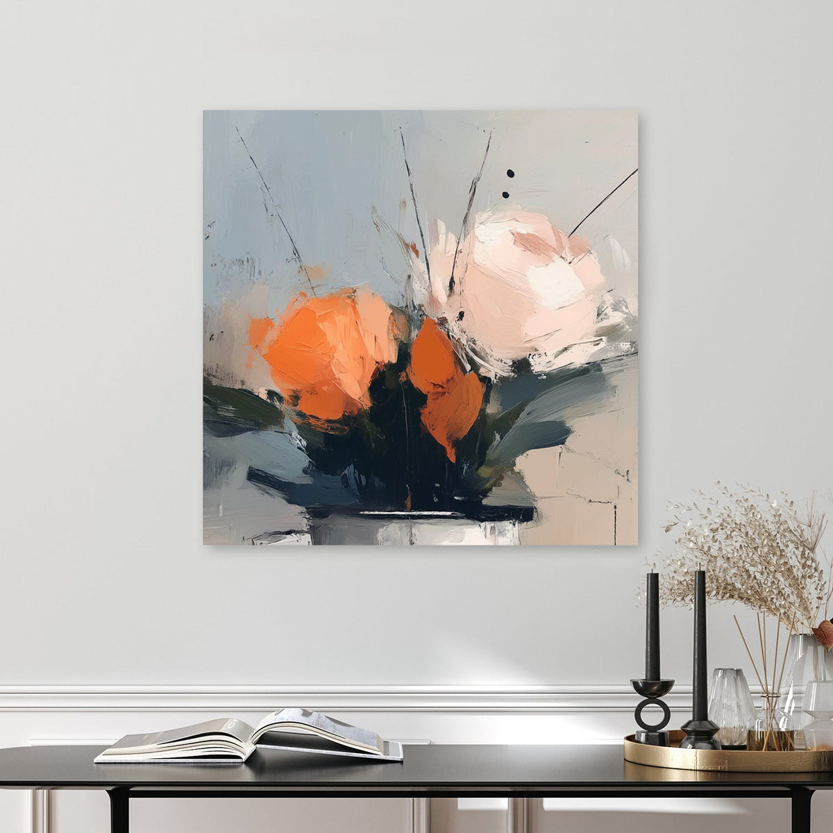 wall art featuring abstract orange and peach flowers in a muted vase arrangement