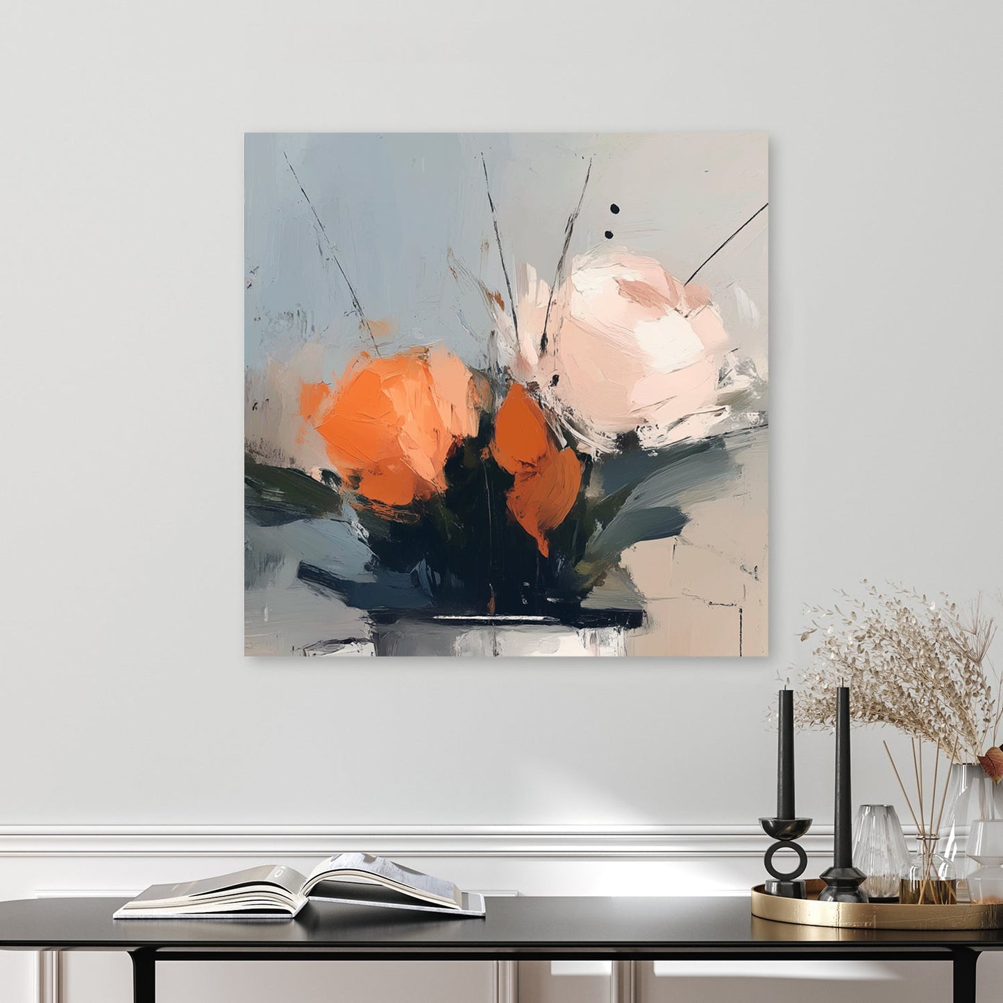 wall art featuring abstract orange and peach flowers in a muted vase arrangement