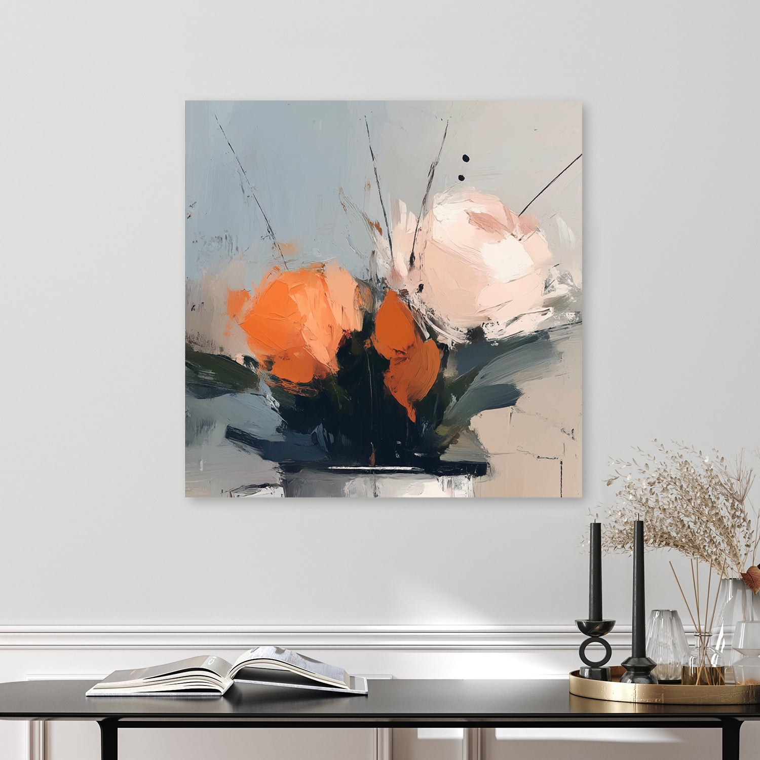 wall art featuring abstract orange and peach flowers in a muted vase arrangement
