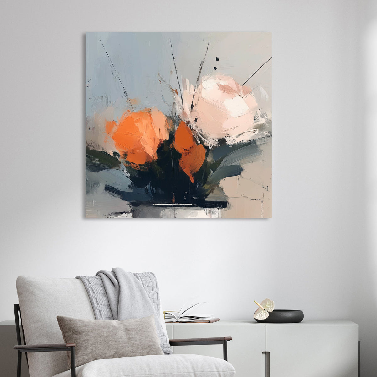 wall art featuring abstract orange and peach flowers in a muted vase arrangement