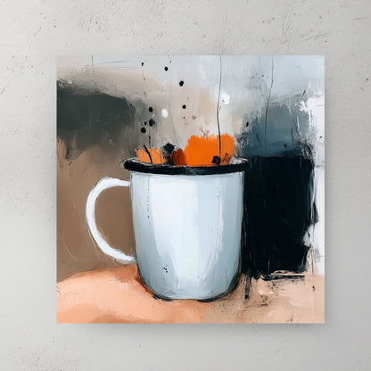 wall art of a hand holding a white mug with pumpkin spice-inspired flowers in abstract style