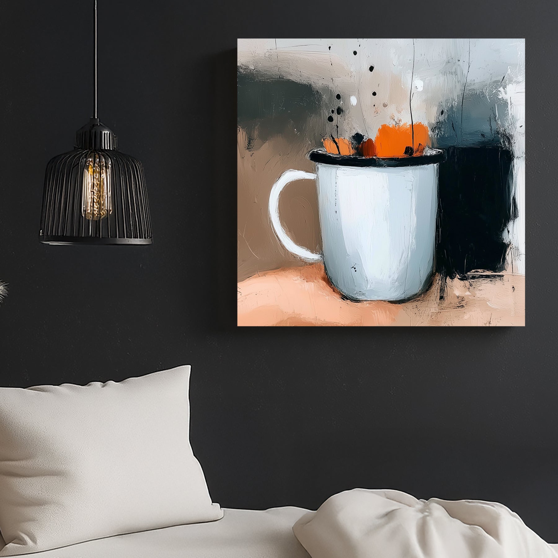 wall art of a hand holding a white mug with pumpkin spice-inspired flowers in abstract style
