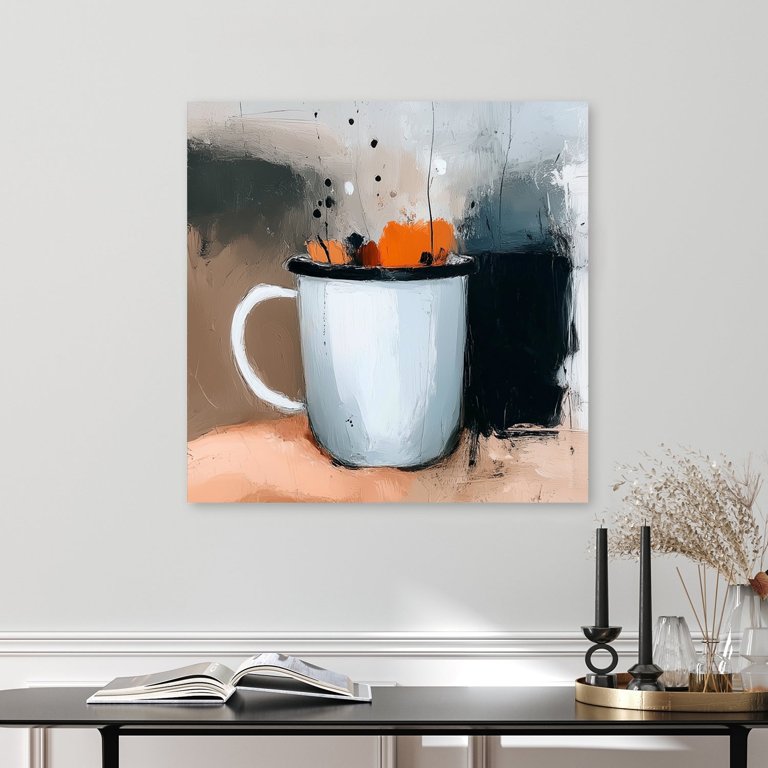 wall art of a hand holding a white mug with pumpkin spice-inspired flowers in abstract style