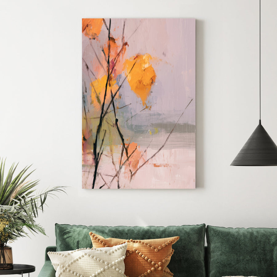 soft abstract wall art of autumn leaves on bare branches with light pastel background