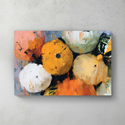 painterly fall gourd composition with various orange, green, and white pumpkins and squash
