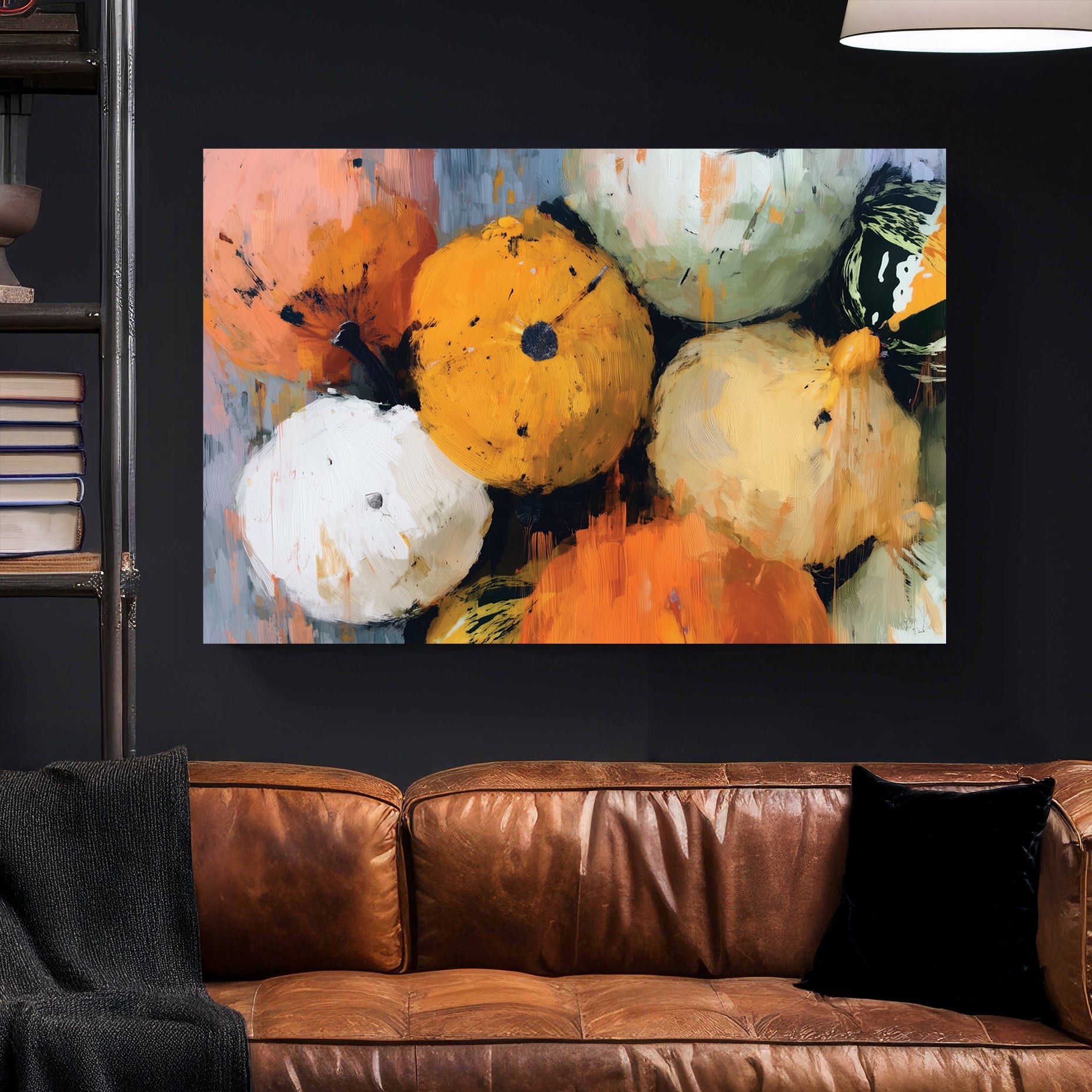 painterly fall gourd composition with various orange, green, and white pumpkins and squash