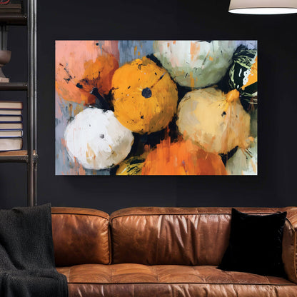 painterly fall gourd composition with various orange, green, and white pumpkins and squash