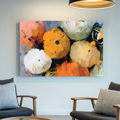 painterly fall gourd composition with various orange, green, and white pumpkins and squash
