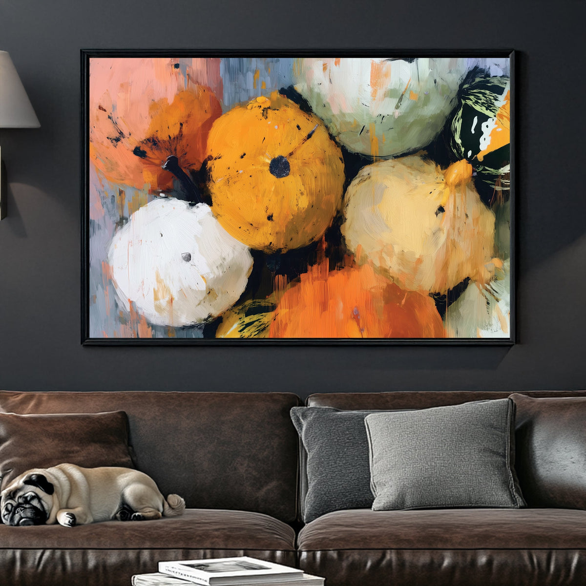painterly fall gourd composition with various orange, green, and white pumpkins and squash