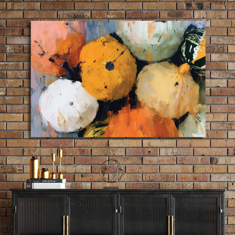painterly fall gourd composition with various orange, green, and white pumpkins and squash