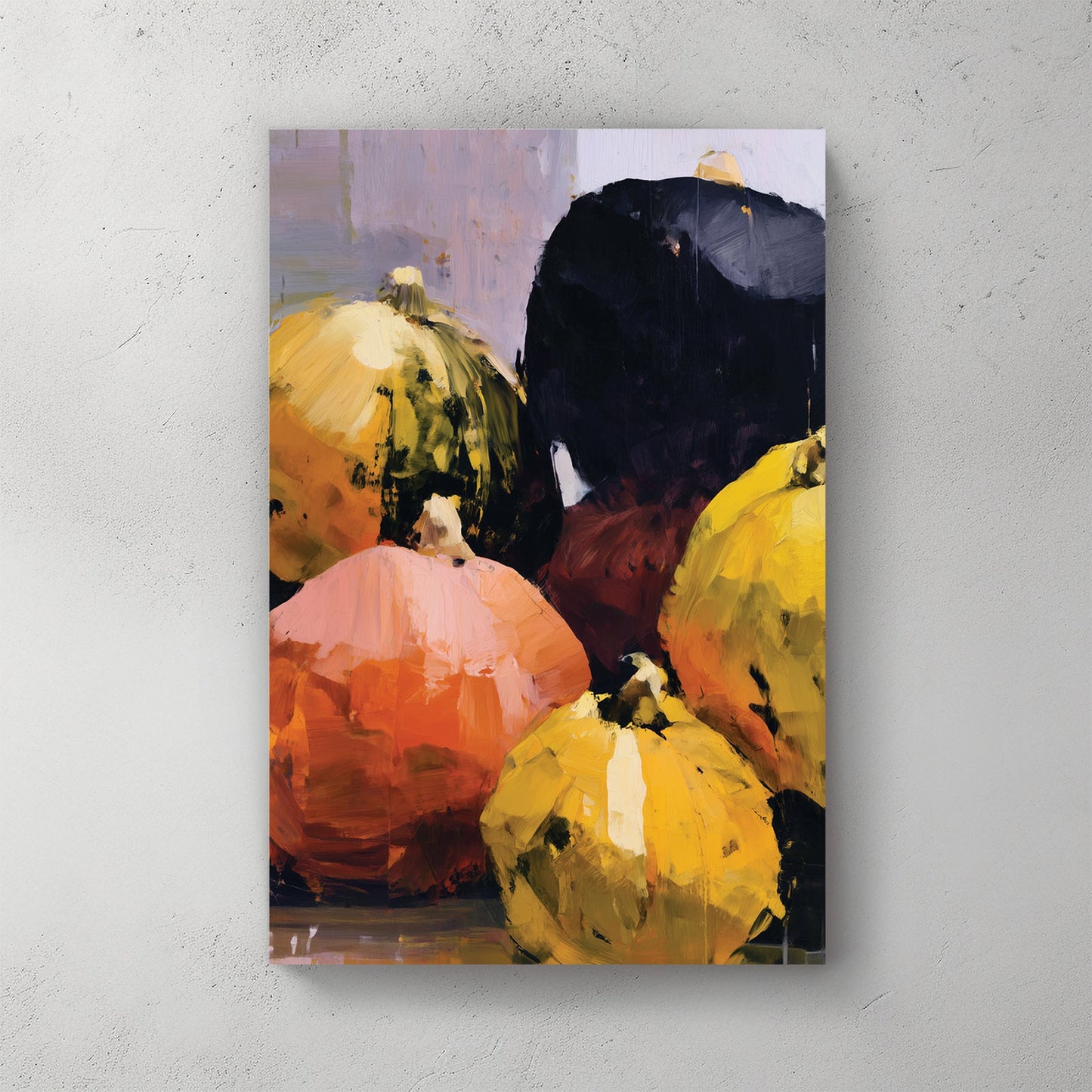 bold fall gourd still life painting with yellow, orange, black and pink pumpkins