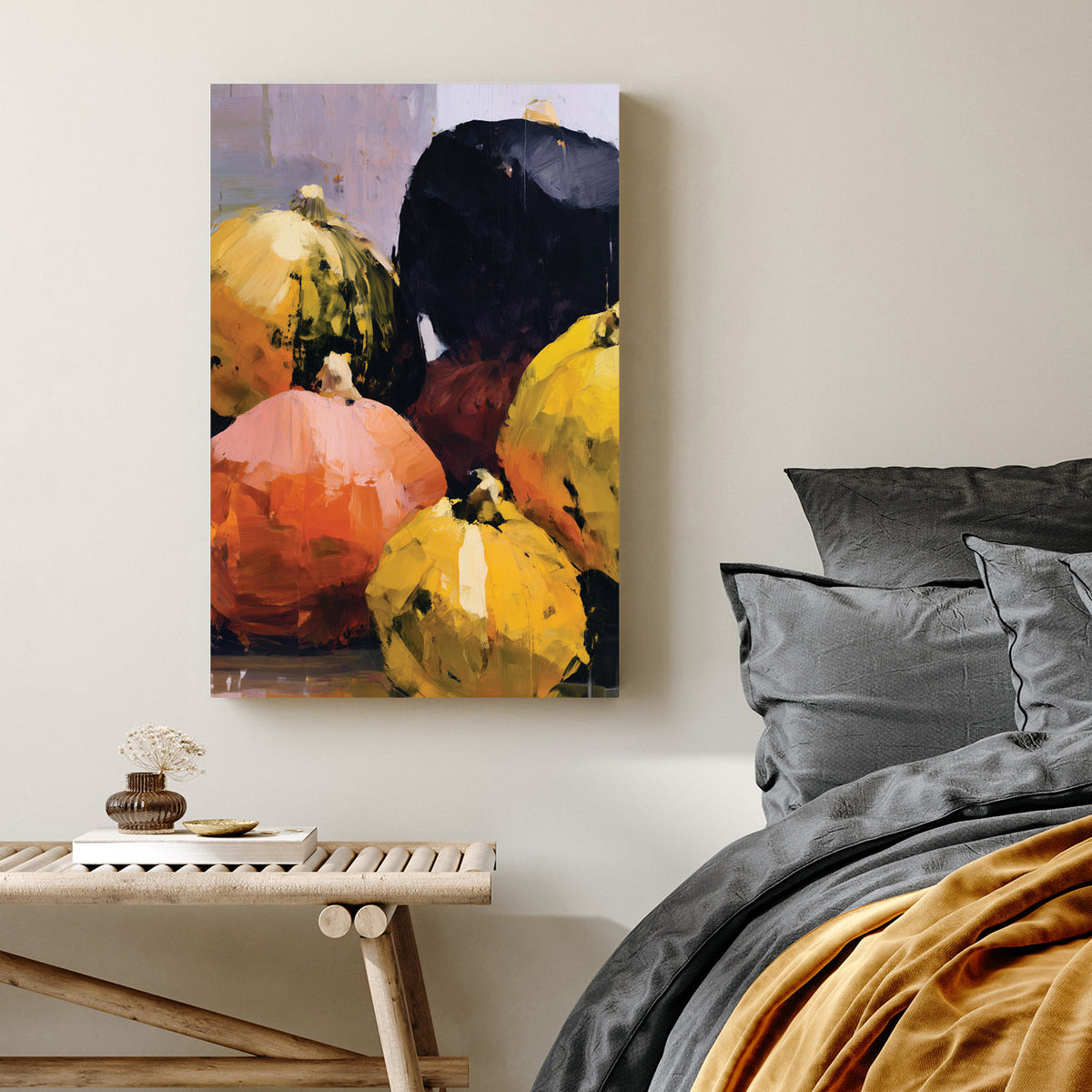 bold fall gourd still life painting with yellow, orange, black and pink pumpkins