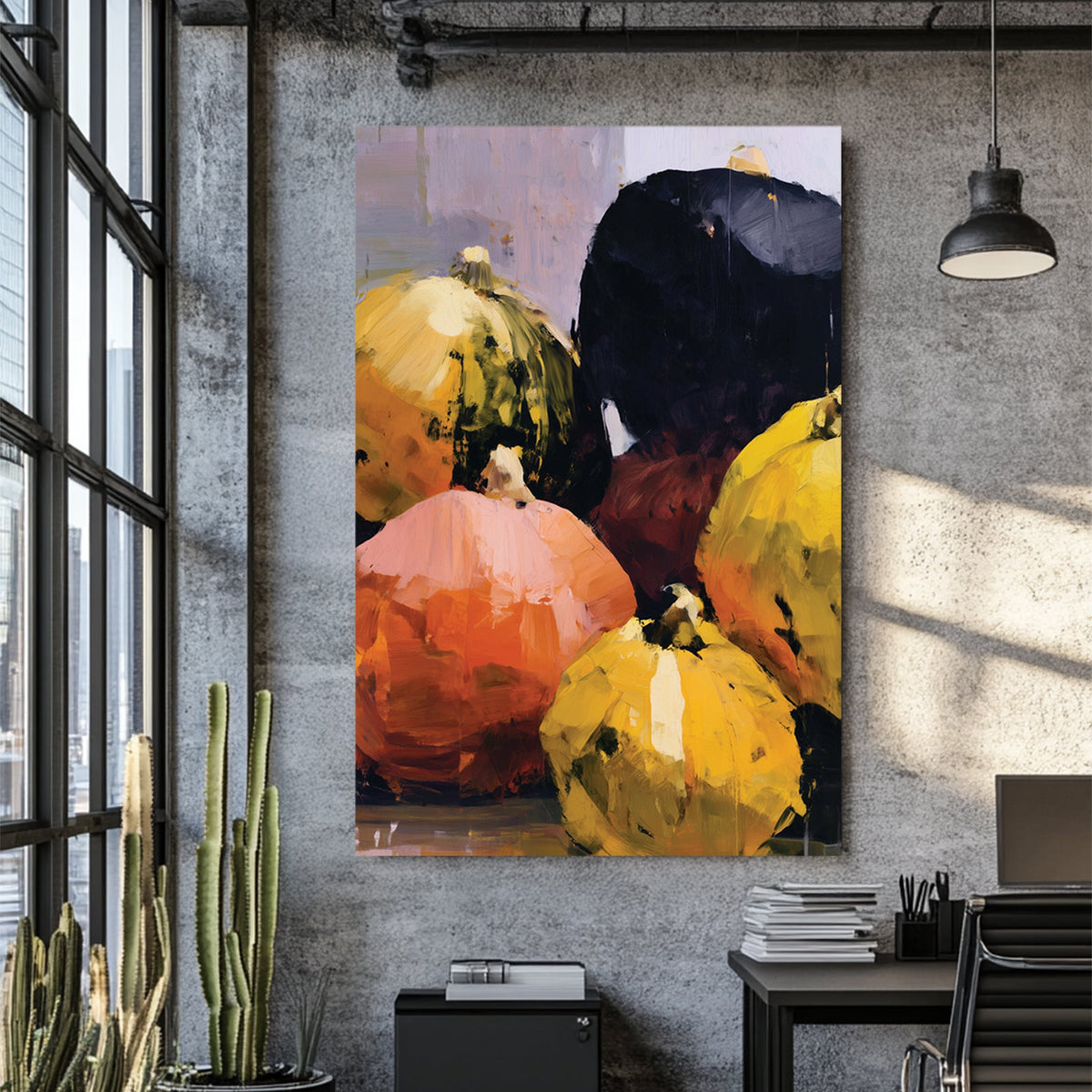 bold fall gourd still life painting with yellow, orange, black and pink pumpkins