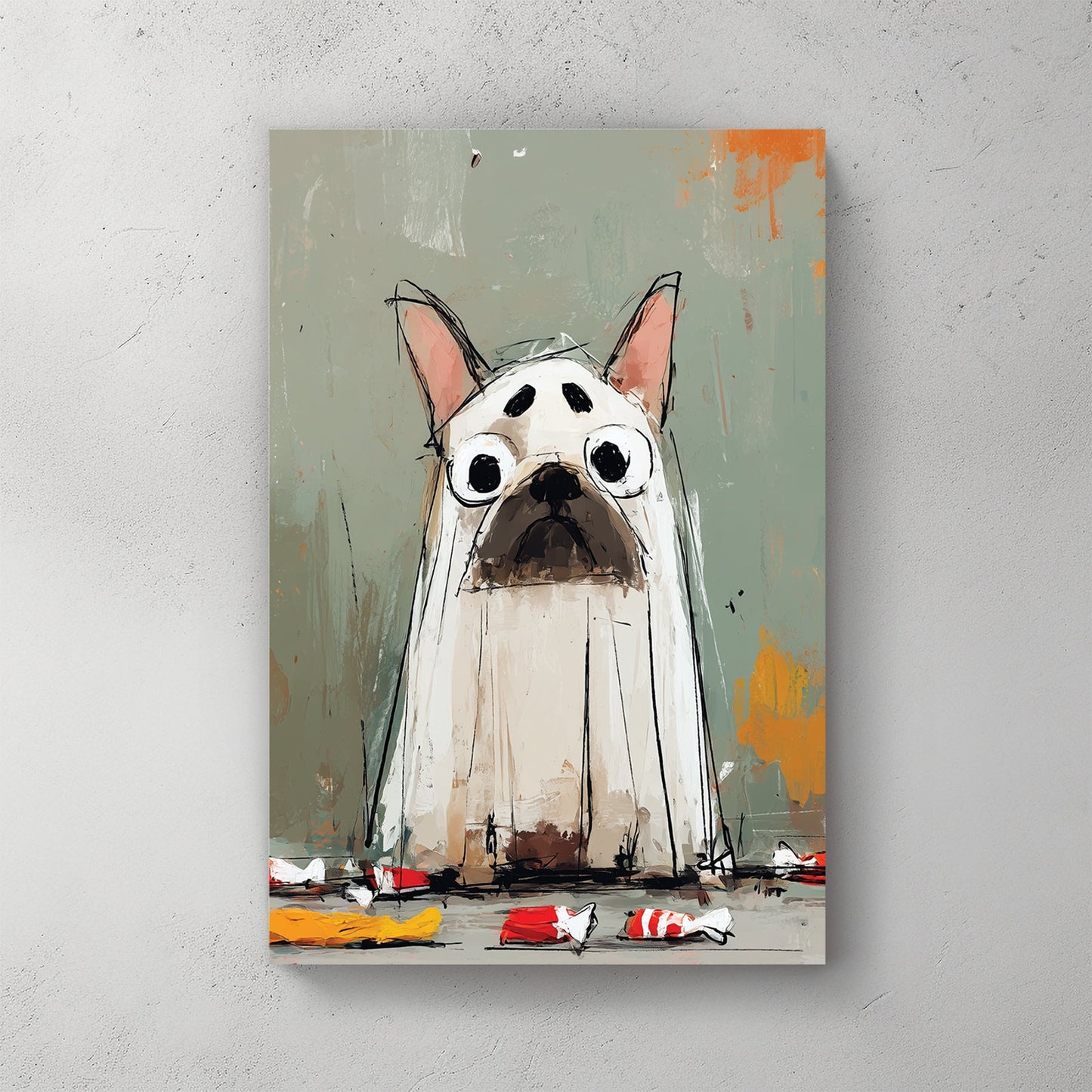 cartoon halloween french bulldog art wearing ghost costume with candy wrappers