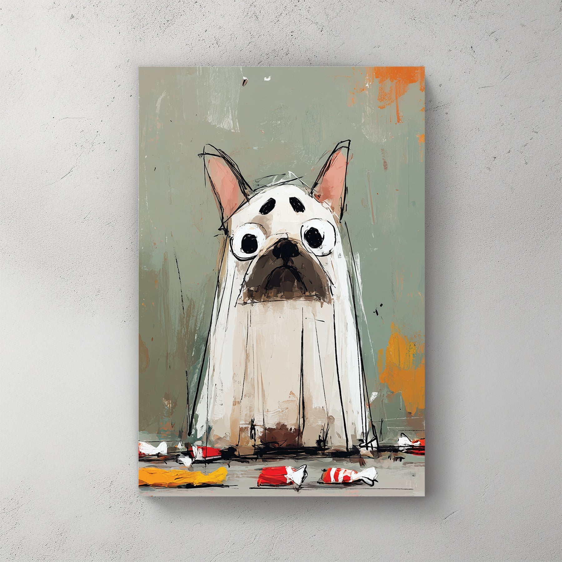 cartoon halloween french bulldog art wearing ghost costume with candy wrappers