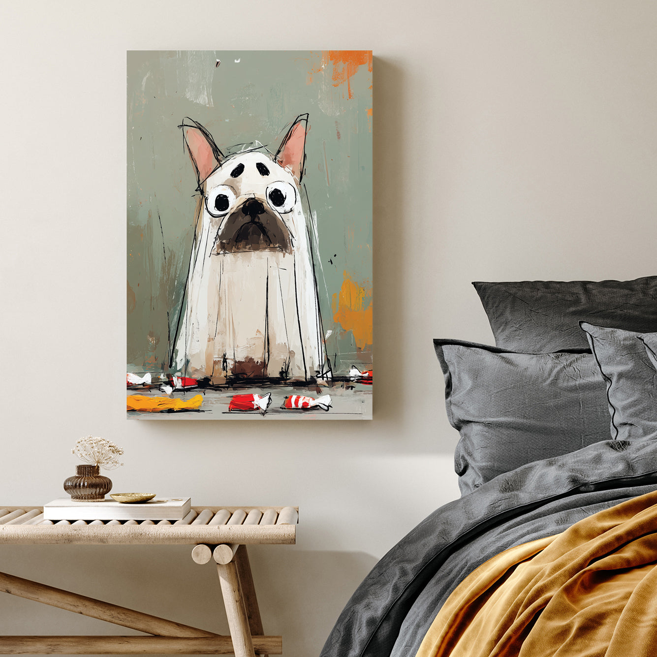cartoon halloween french bulldog art wearing ghost costume with candy wrappers