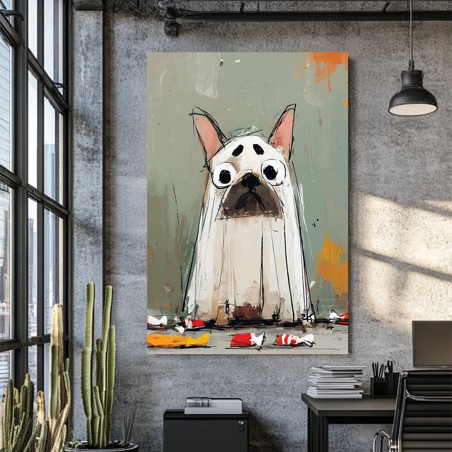 cartoon halloween french bulldog art wearing ghost costume with candy wrappers