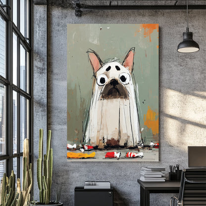 cartoon halloween french bulldog art wearing ghost costume with candy wrappers