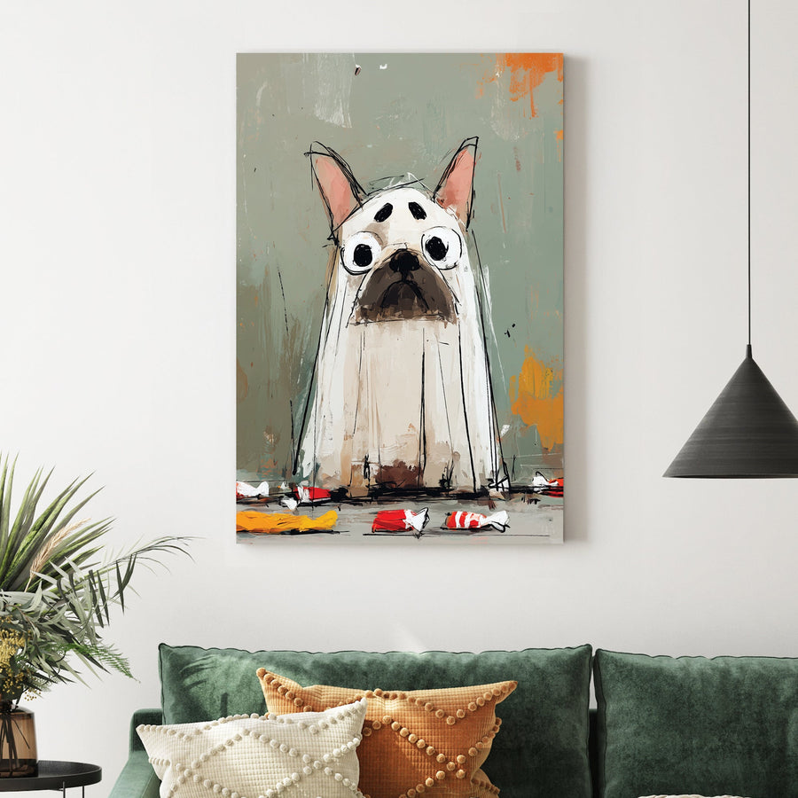 cartoon halloween french bulldog art wearing ghost costume with candy wrappers