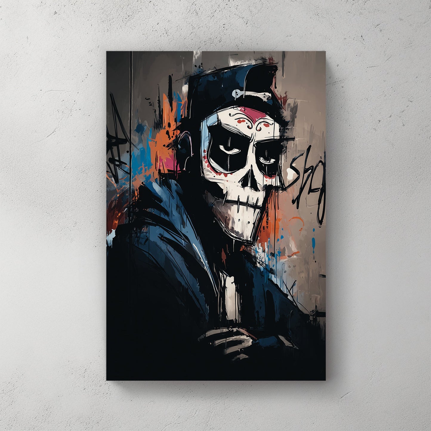 urban skeleton graffiti art in hoodie and cap with dark street style
