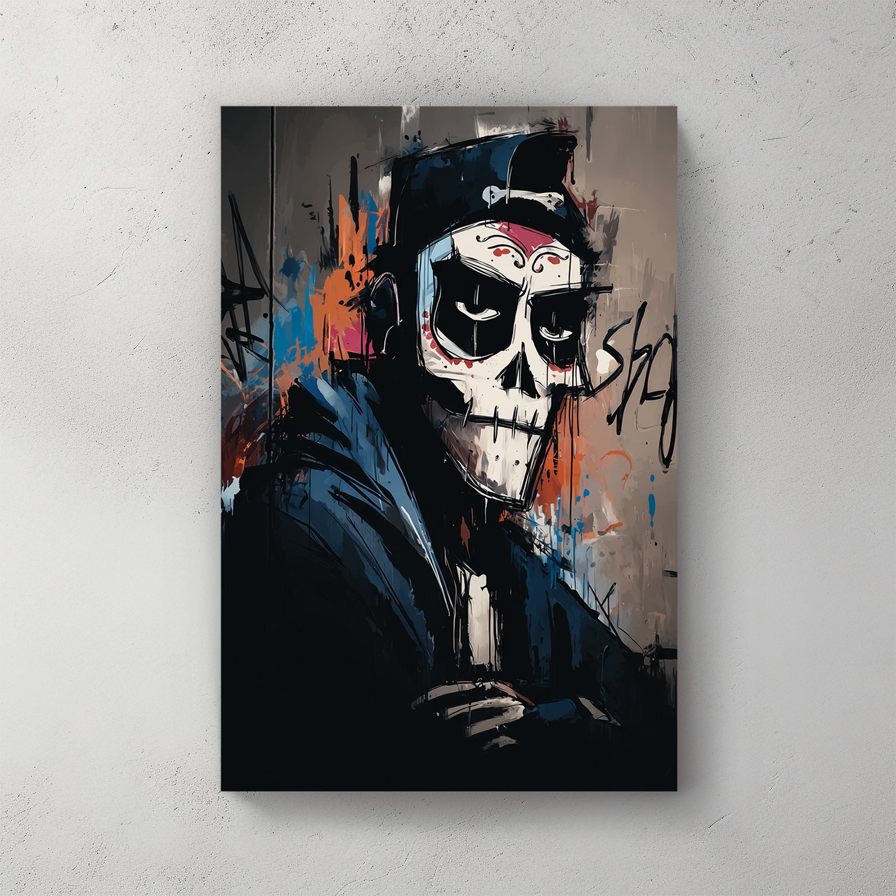 urban skeleton graffiti art in hoodie and cap with dark street style
