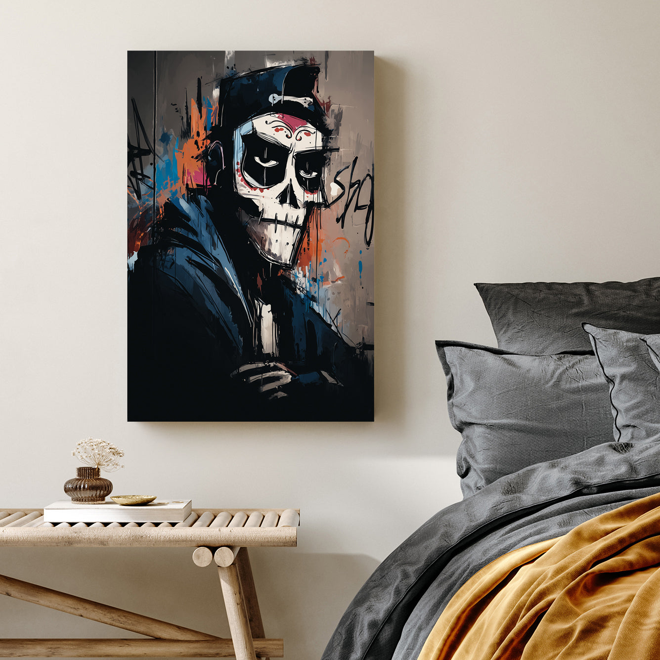 urban skeleton graffiti art in hoodie and cap with dark street style