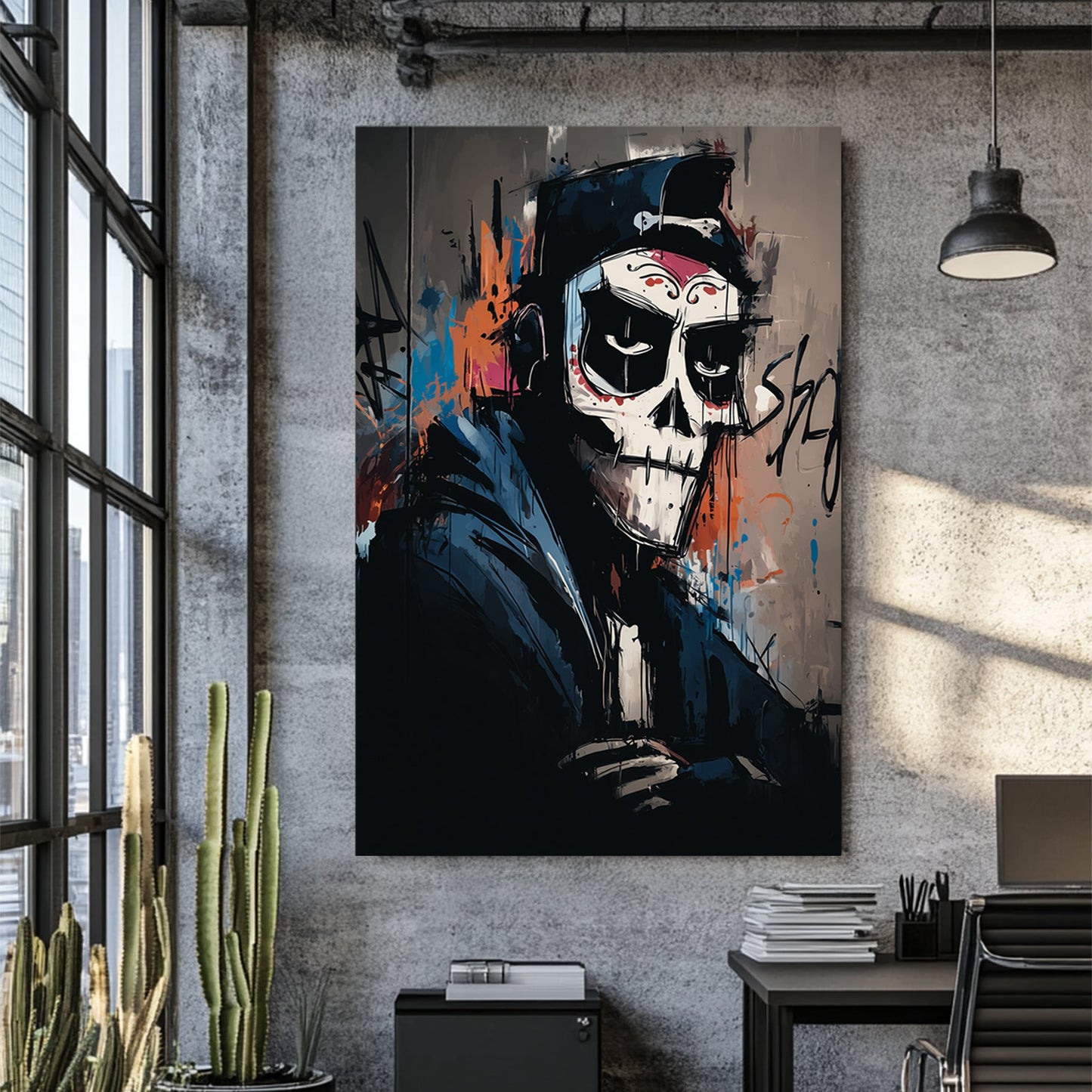 urban skeleton graffiti art in hoodie and cap with dark street style