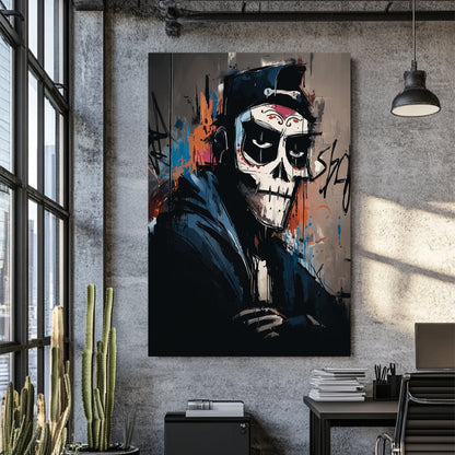 urban skeleton graffiti art in hoodie and cap with dark street style