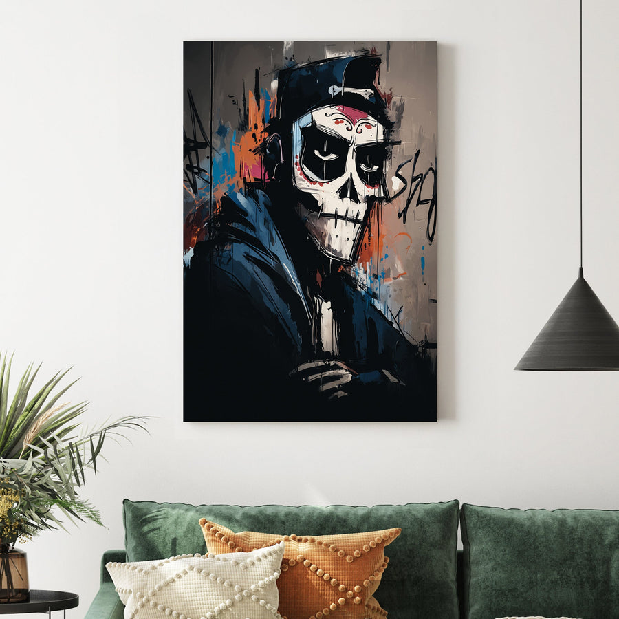 urban skeleton graffiti art in hoodie and cap with dark street style