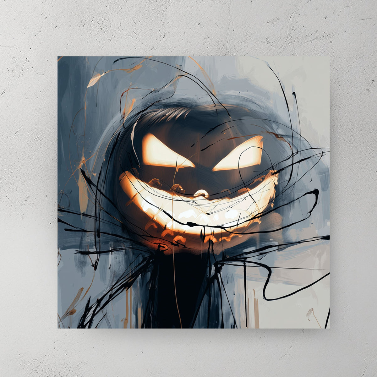 abstract Halloween wall art with glowing jack-o'-lantern and chaotic sketch lines