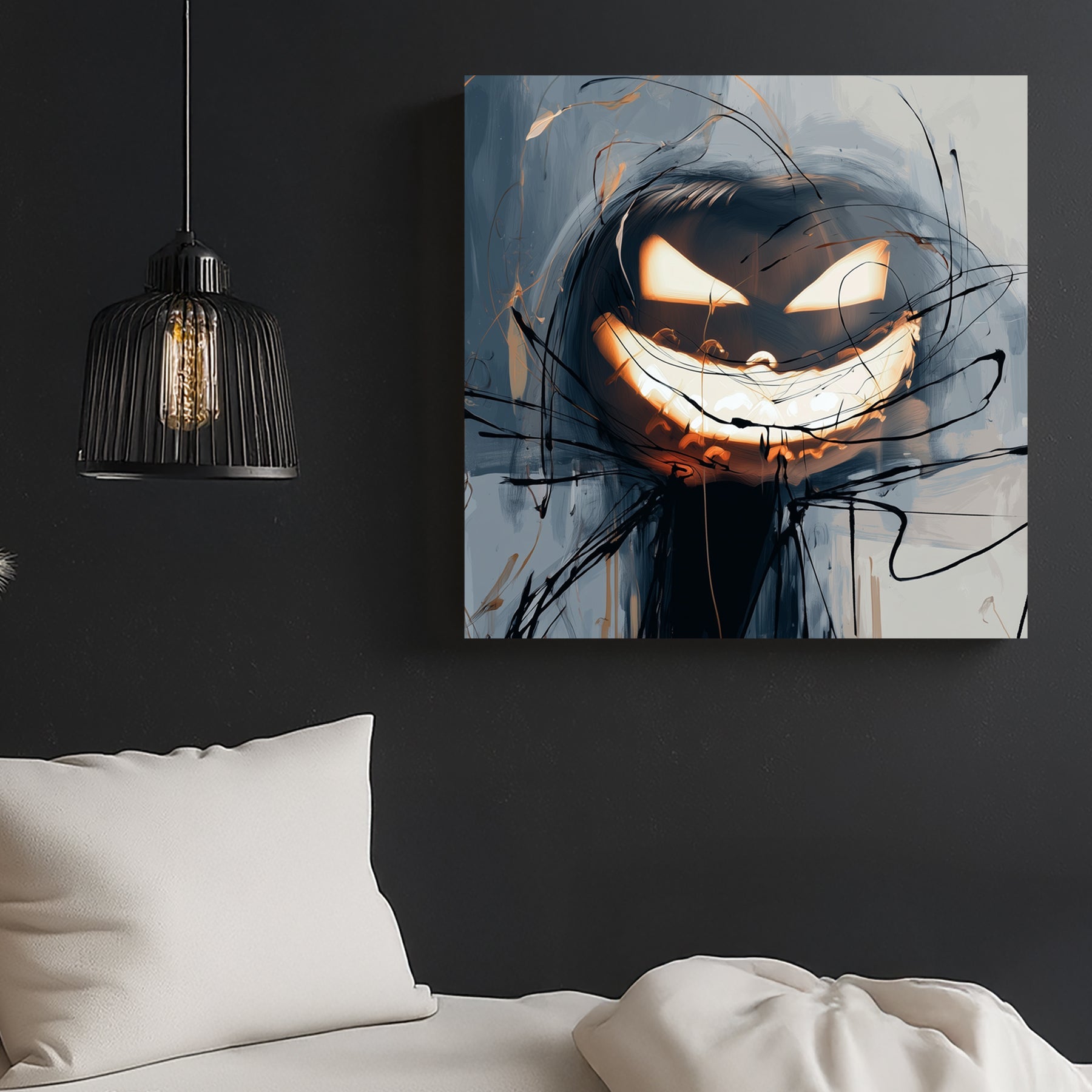 abstract Halloween wall art with glowing jack-o'-lantern and chaotic sketch lines