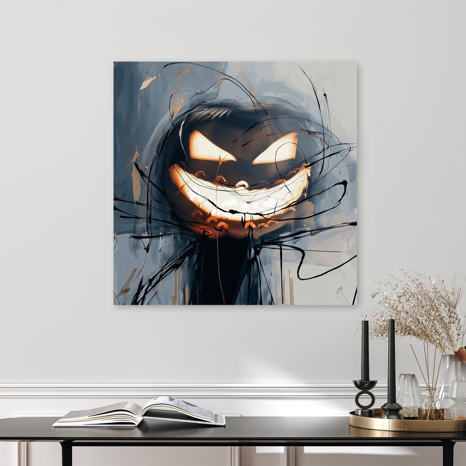 abstract Halloween wall art with glowing jack-o'-lantern and chaotic sketch lines
