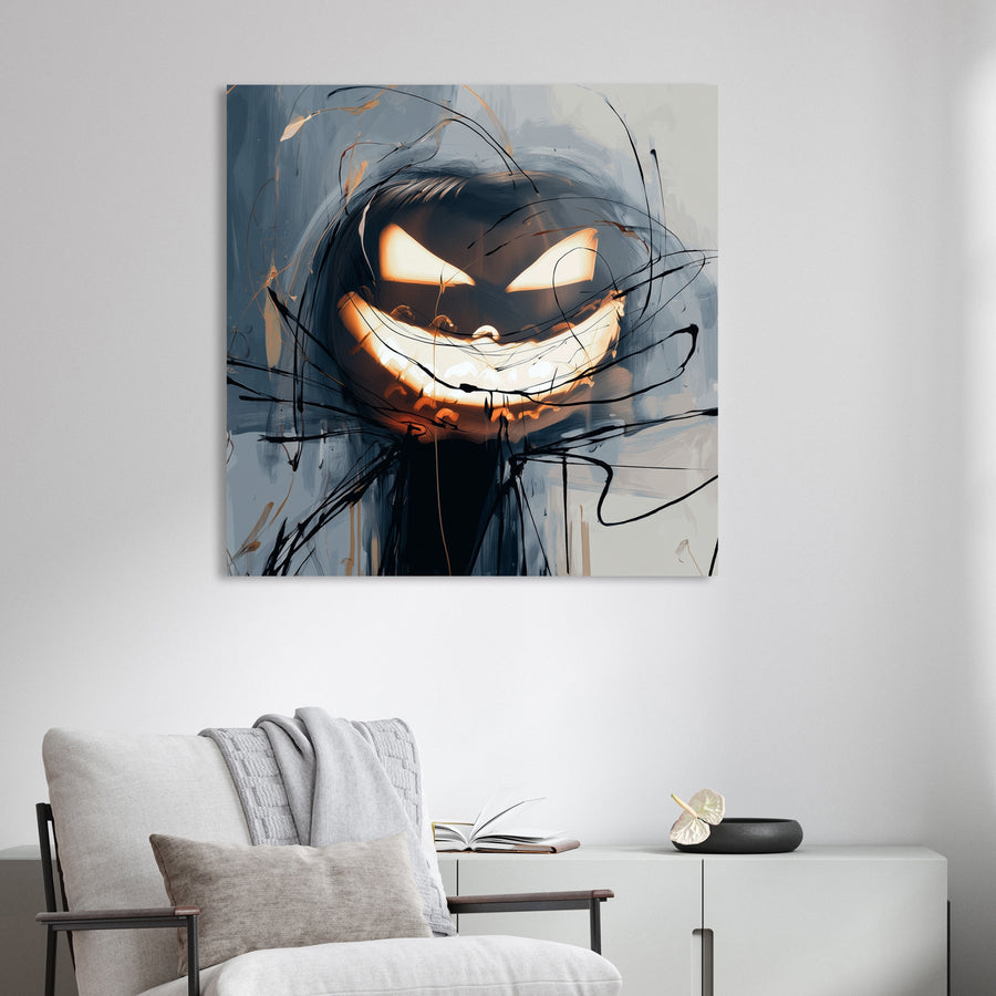 abstract Halloween wall art with glowing jack-o'-lantern and chaotic sketch lines