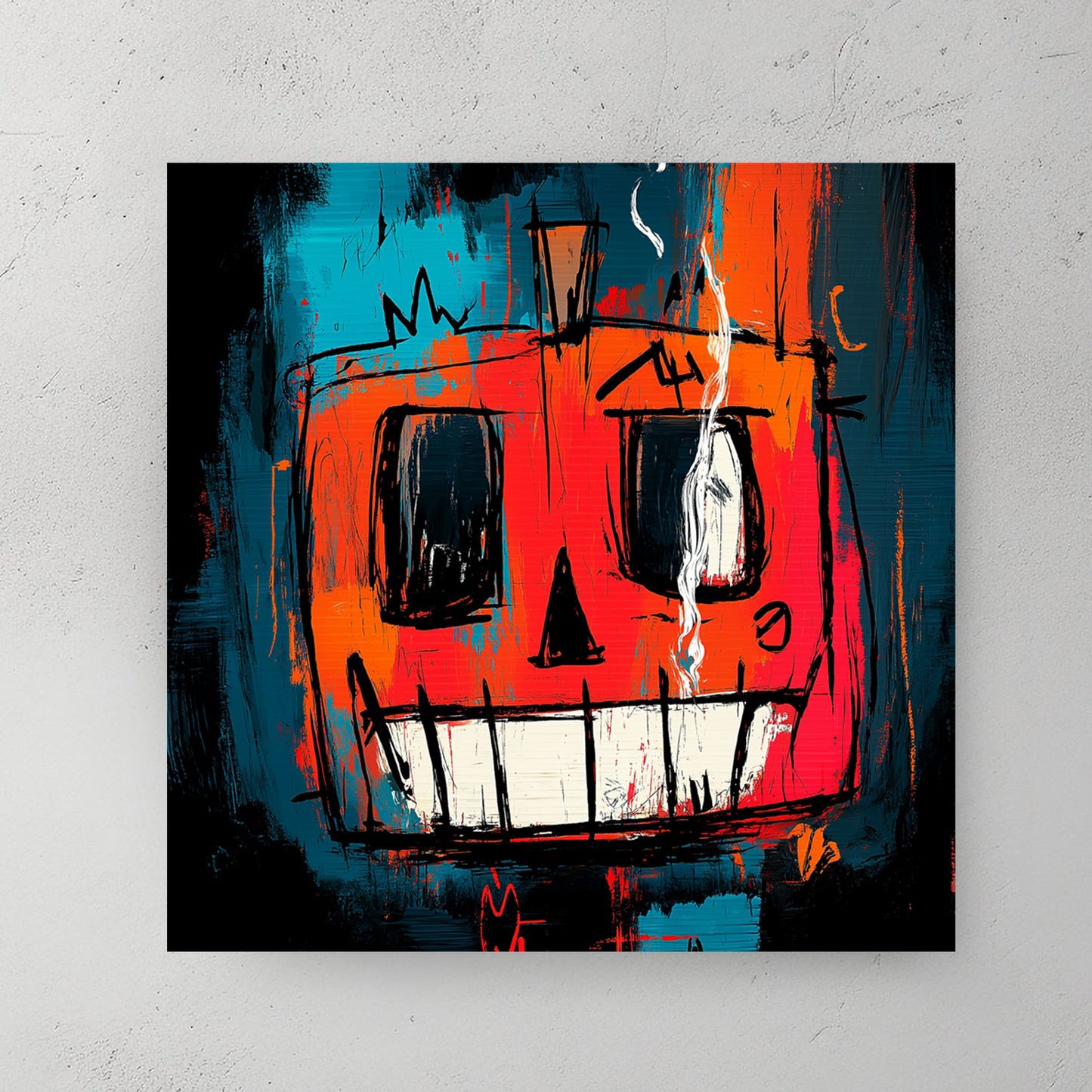 graffiti-style Halloween wall art of melting jack-o’-lantern face in red and teal