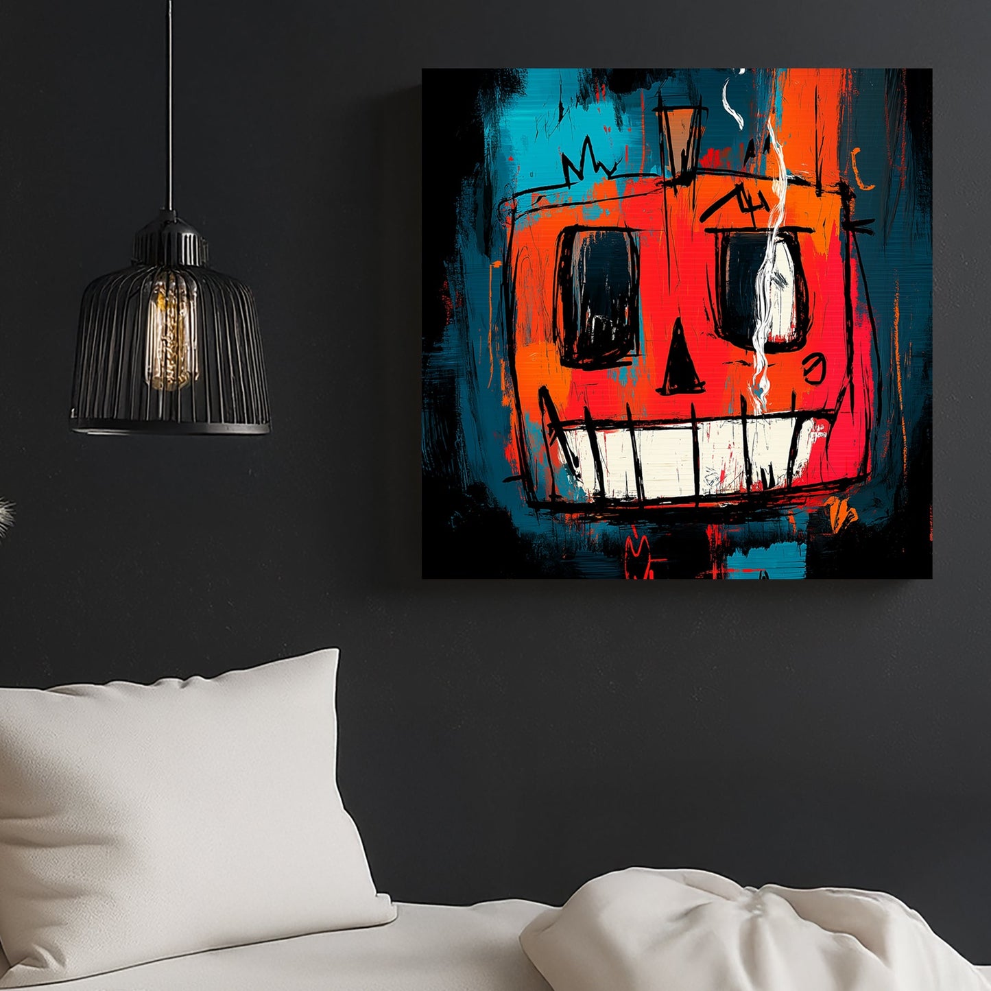 graffiti-style Halloween wall art of melting jack-o’-lantern face in red and teal