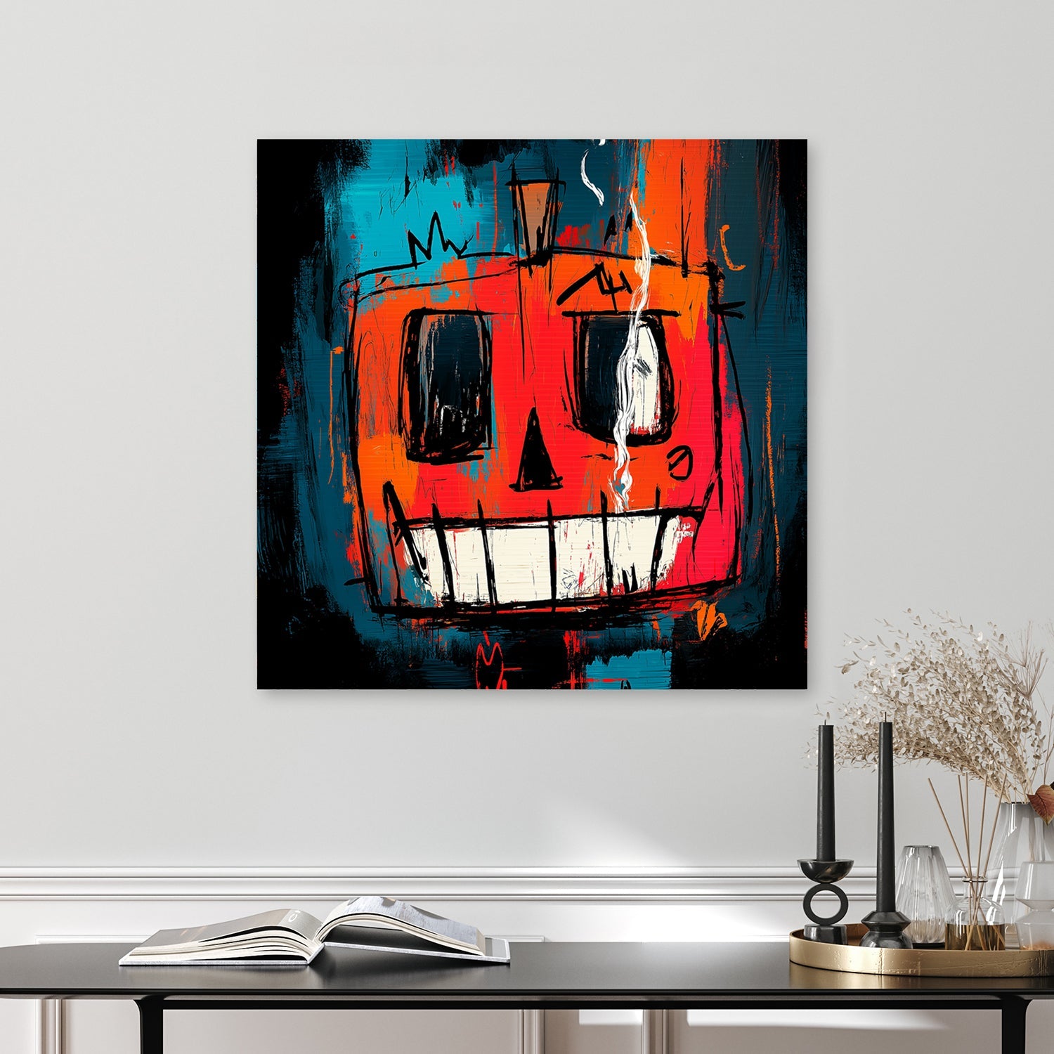 graffiti-style Halloween wall art of melting jack-o’-lantern face in red and teal