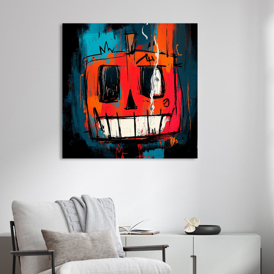 graffiti-style Halloween wall art of melting jack-o’-lantern face in red and teal