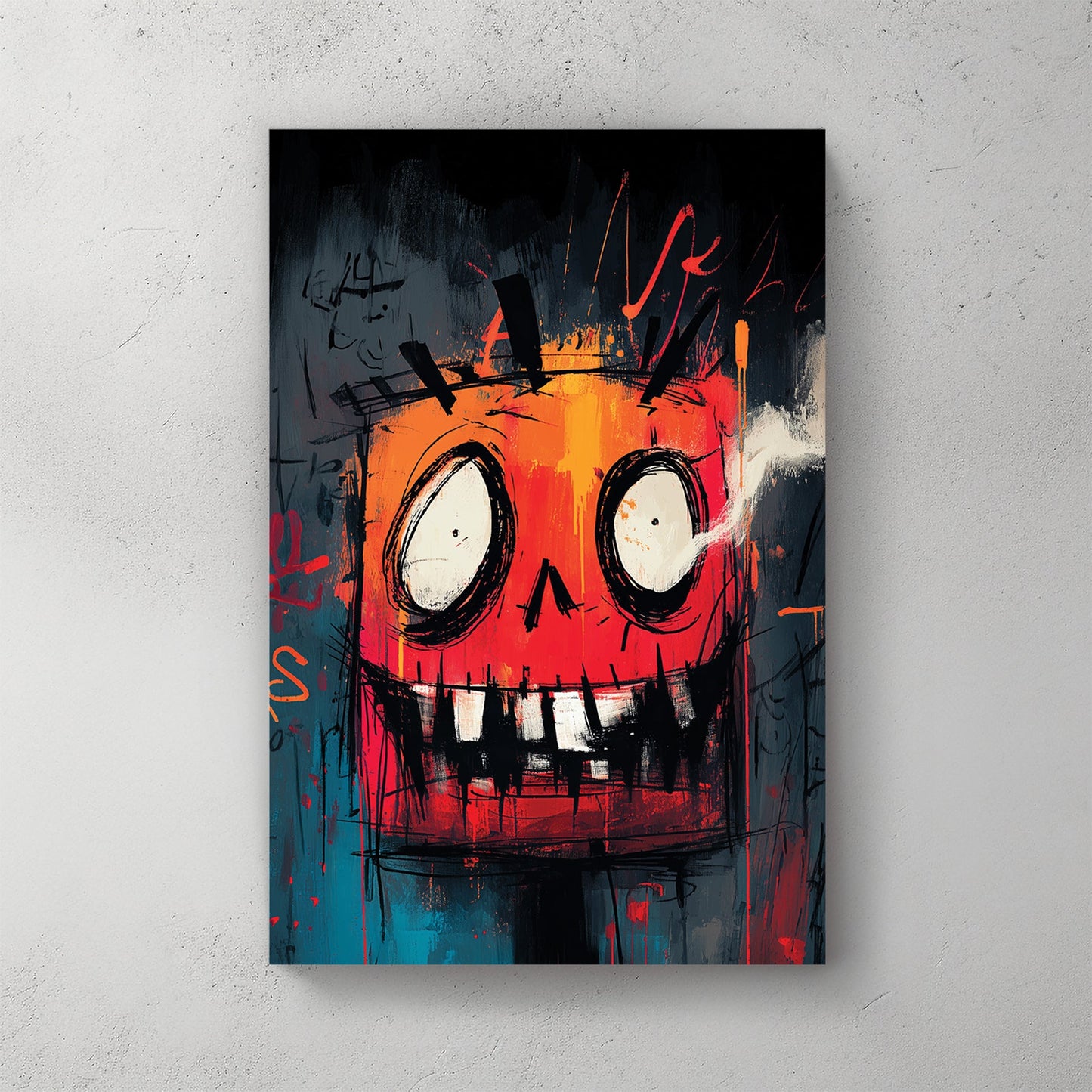 grunge-style Halloween pumpkin wall art with graffiti textures in red and orange