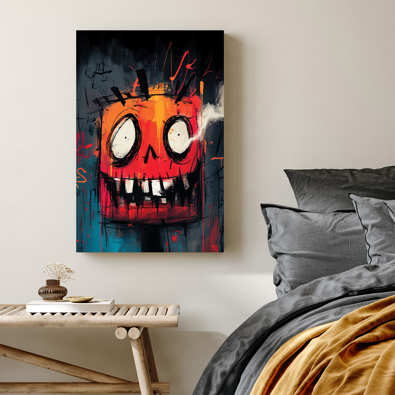grunge-style Halloween pumpkin wall art with graffiti textures in red and orange