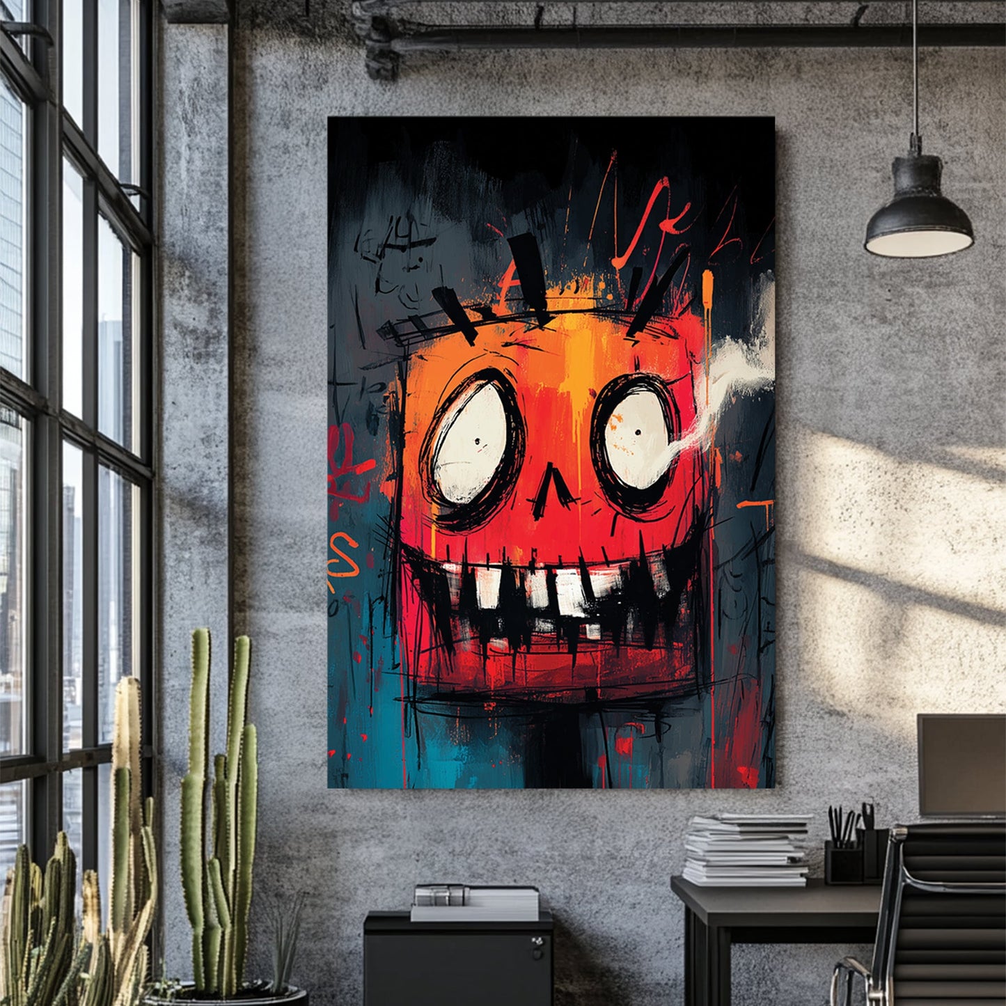 grunge-style Halloween pumpkin wall art with graffiti textures in red and orange