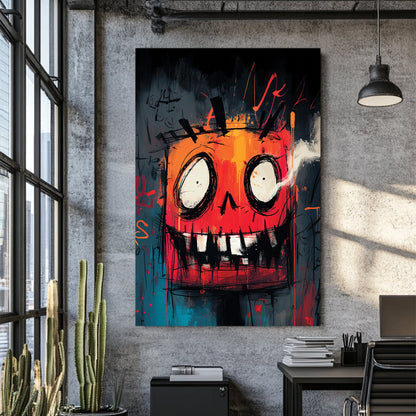 grunge-style Halloween pumpkin wall art with graffiti textures in red and orange