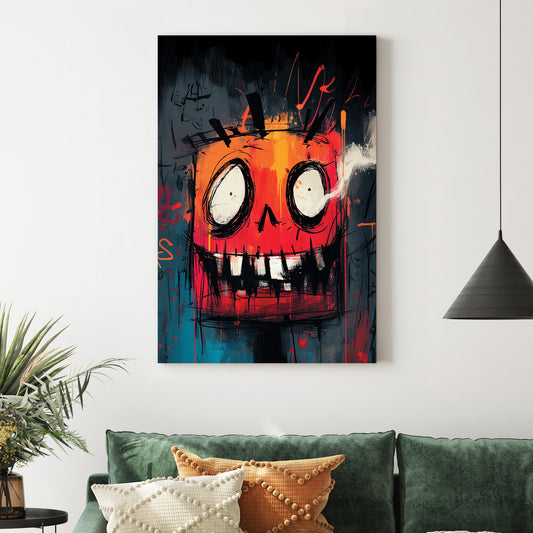 grunge-style Halloween pumpkin wall art with graffiti textures in red and orange