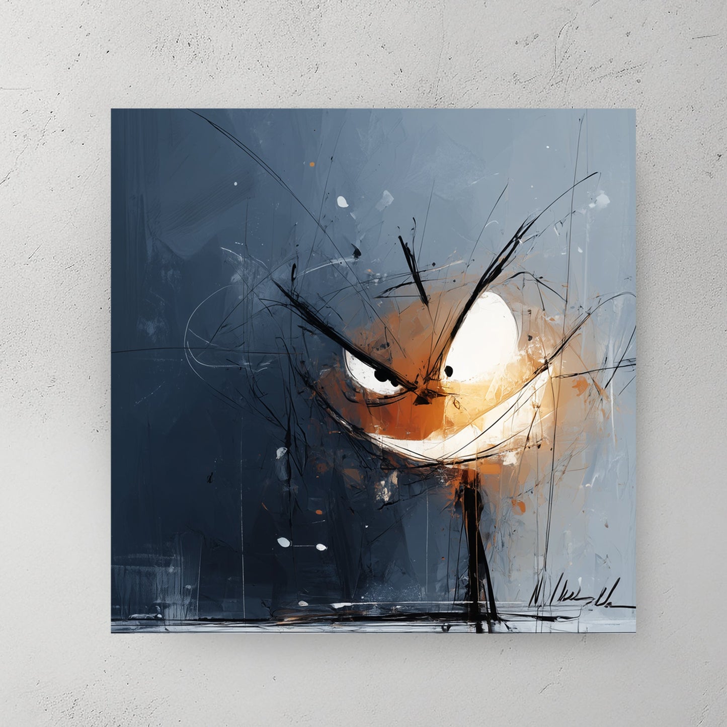 moody Halloween pumpkin face wall art with glowing eyes on a dark abstract background