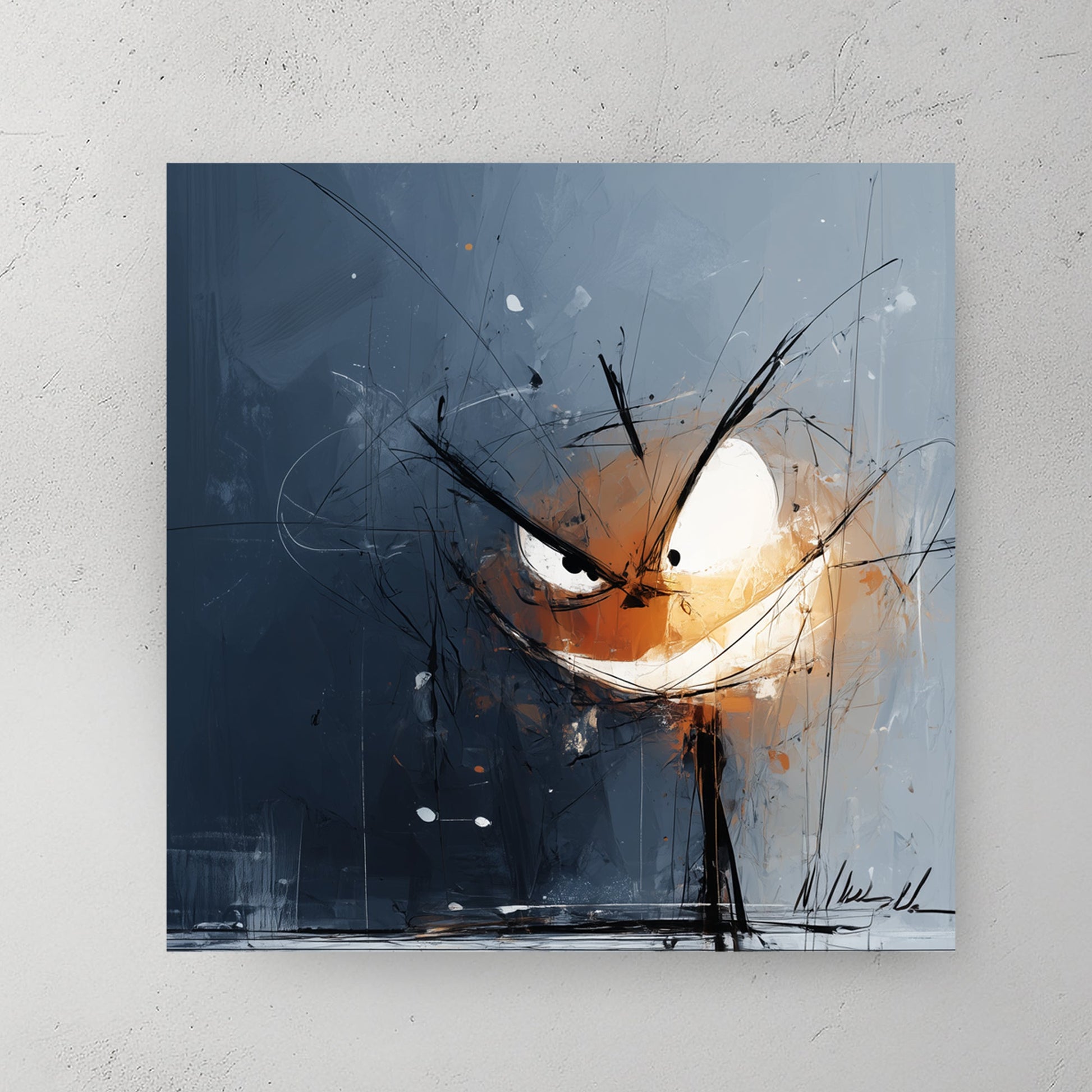 moody Halloween pumpkin face wall art with glowing eyes on a dark abstract background
