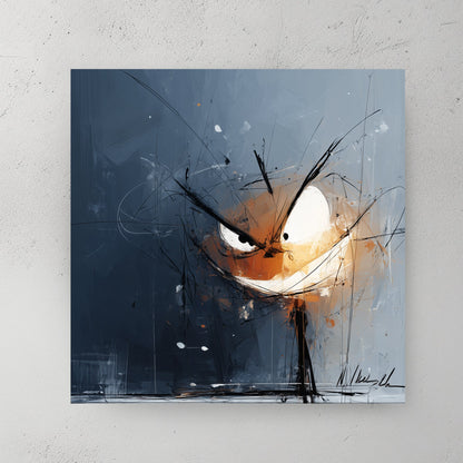 moody Halloween pumpkin face wall art with glowing eyes on a dark abstract background