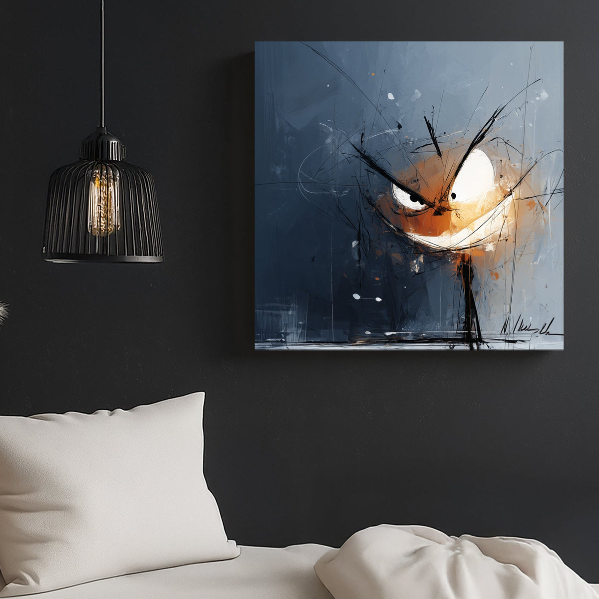 moody Halloween pumpkin face wall art with glowing eyes on a dark abstract background