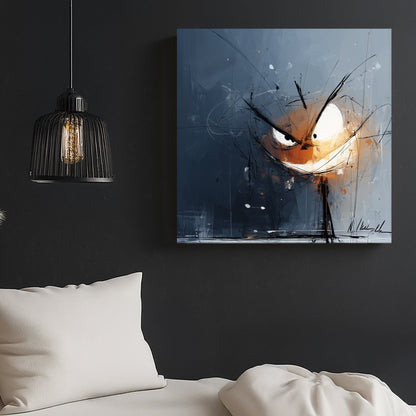 moody Halloween pumpkin face wall art with glowing eyes on a dark abstract background